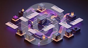 Abstract Digital Illustration of Interconnected Code Blocks and Data Flow