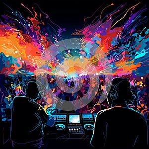 Abstract digital illustration of a mesmerizing live performance by a DJ or band