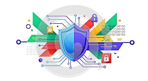Digital Security Shield with Binary Code and Padlocks, Cyber Security Concept