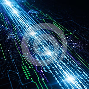 Abstract digital illustration with streams of binary code ones and