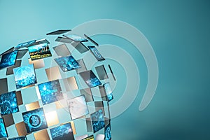 Abstract digital image gallery sphere with bitcoin and metaverse concepts on blue backdrop with mock up place for your