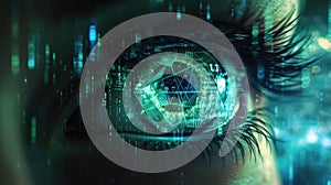 Abstract digital information background, person eye watching cyber data in green blue lighting. Concept of ai, technology of cyber