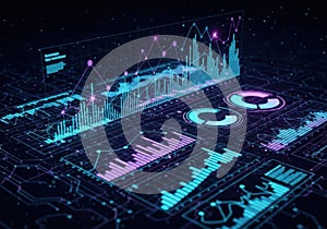 Futuristic digital interface glowing with neon lights and data visualizations