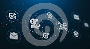 Abstract digital interface featuring interconnected icons on a dark background. Icons