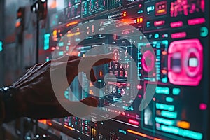 Abstract digital interface with finger interaction futuristic technology display