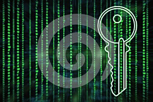 Abstract digital key on coding language background with mock up place. Technology and web access concept. 3D Rendering