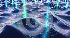 Abstract Digital Landscape with Binary Code Streams and Glowing Data Waves