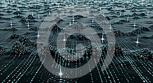 Abstract Digital Landscape with Binary Code Waves and Data Streams