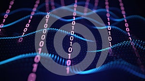 Abstract Digital Landscape with Binary Code and Wavy Data Streams technology network