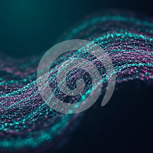 Abstract digital landscape composed of interconnected bright blue and pink nodes