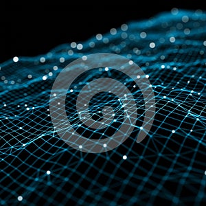 Abstract digital landscape with a 3D grid pattern of interconnected