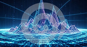 Abstract Digital Landscape 3D Wireframe Mountains of Data and Binary Code