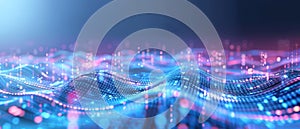 Abstract digital landscape with data streams, binary code, business technology, innovation, and connectivity.