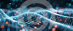 Abstract digital landscape with data streams, binary code, and connectivity.