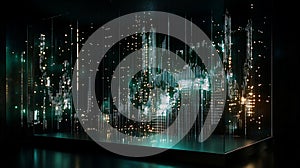 Abstract digital landscape data visualization with light particles in a dark room representing technology