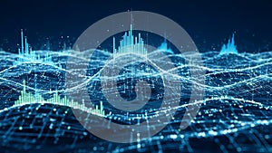 Abstract Digital Landscape Data Waveform Visualization, Futuristic Global Network