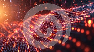 Abstract Digital Landscape with Data Waves and Glowing Binary Code in Dark Environment