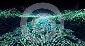 Abstract Digital Landscape Binary Code River Flowing Through Mountains of Data