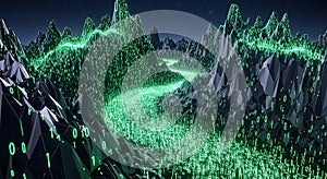 Abstract Digital Landscape with Green Binary Code Mountains and River