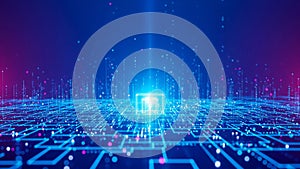 Glowing central processing unit on an abstract digital circuit grid with data points