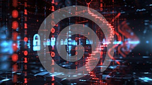 Digital Security Interface with Lock Icon and Binary Code Futuristic Cyber Technology