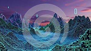 Digital Data Landscape Futuristic Mountains with Binary Code and Glowing Lights