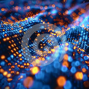 Abstract Digital Landscape with Flowing Blue and Orange Light Particles