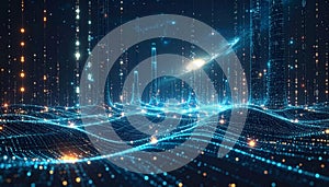 Futuristic Digital Cityscape with Glowing Data Streams