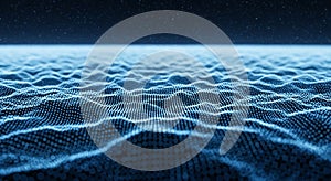 Abstract digital landscape of glowing blue particles forming undulating waves against a dark background