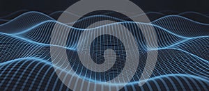 Abstract digital landscape of glowing blue waves and grid lines, AI Generated