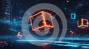 Neon Glowing Cubes Hovering Over Futuristic Cityscape at Night