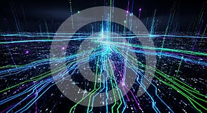 Abstract Digital Landscape of Glowing Data Streams and Binary Code technology futuristic