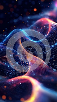 Abstract digital landscape of glowing data streams and cosmic particles in deep space