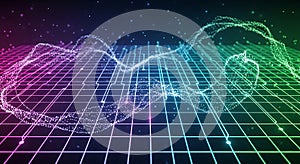 Abstract digital landscape with glowing data streams on a grid