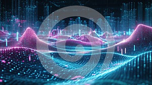 Abstract digital landscape with glowing data waveforms