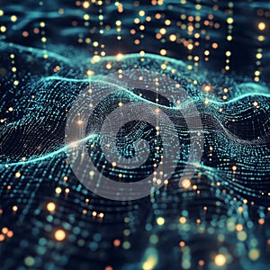 Abstract digital landscape with glowing dots and wavy grid pattern photo