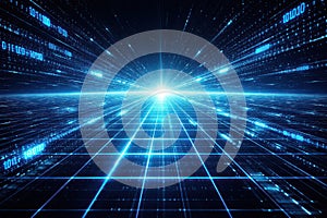 Digital Grid and Binary Code Tunnel with Bright Light Horizon