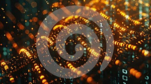 Futuristic Binary Code Stream with Glowing Orange Data Points Background