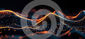 Abstract digital landscape with glowing orange and blue wave patterns, representing data visualization and technology