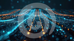 Abstract Digital Data Stream Background with Glowing Particles and Wavy Lines