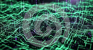 Abstract digital landscape with green glowing circuits and binary code flowing
