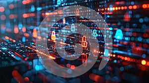 An abstract digital landscape illustrating a cybersecurity concept with glowing padlock icons, binary code, and network data