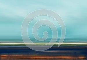 Abstract Digital Landscape Illustration with Sky, Beach and Ocean in Blue Brown Colors