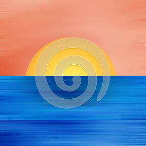 Abstract Digital Landscape Illustration with Sunset, Sky and Ocean in Blue Orange Colors
