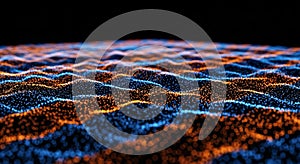 Abstract Digital Landscape of Orange and Blue Particles in Waves image photo
