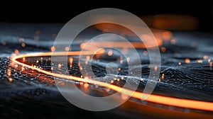 Abstract digital landscape showcasing glowing orange light trails and intricate network patterns on a dark background, evoking