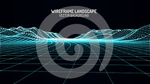 Abstract digital landscape with stars on horizon. Wireframe landscape background. Big Data. 80s Retro Sci-Fi Background