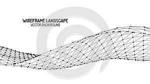 Abstract digital landscape with stars on horizon. Wireframe landscape background. Big Data. 80s Retro Sci-Fi Background