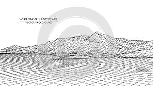 Abstract digital landscape with stars on horizon. Wireframe landscape background. Big Data. 80s Retro Sci-Fi Background