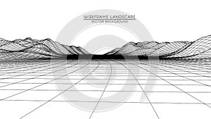 Abstract digital landscape with stars on horizon. Wireframe landscape background. Big Data. 80s Retro Sci-Fi Background